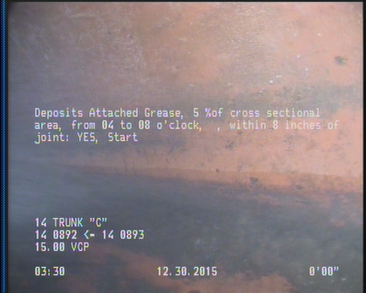 Deposits Attached Grease, 5 %of cross sectional area, from 04 to 08 o'clock, , within 8 inches of joint: YES, Start