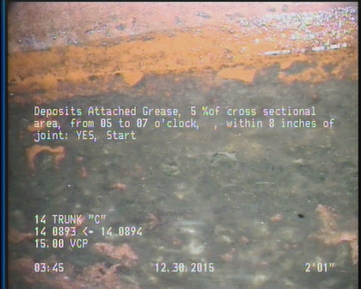 Deposits Attached Grease, 5 %of cross sectional area, from 05 to 07 o'clock, , within 8 inches of joint: YES, Start