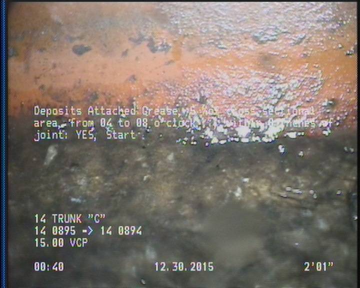 Deposits Attached Grease, 5 %of cross sectional area, from 04 to 08 o'clock, , within 8 inches of joint: YES, Start