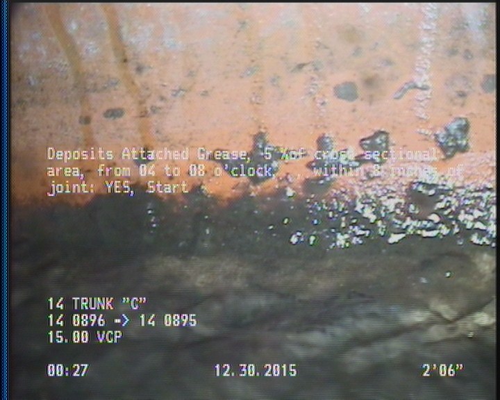 Deposits Attached Grease, 5 %of cross sectional area, from 04 to 08 o'clock, , within 8 inches of joint: YES, Start