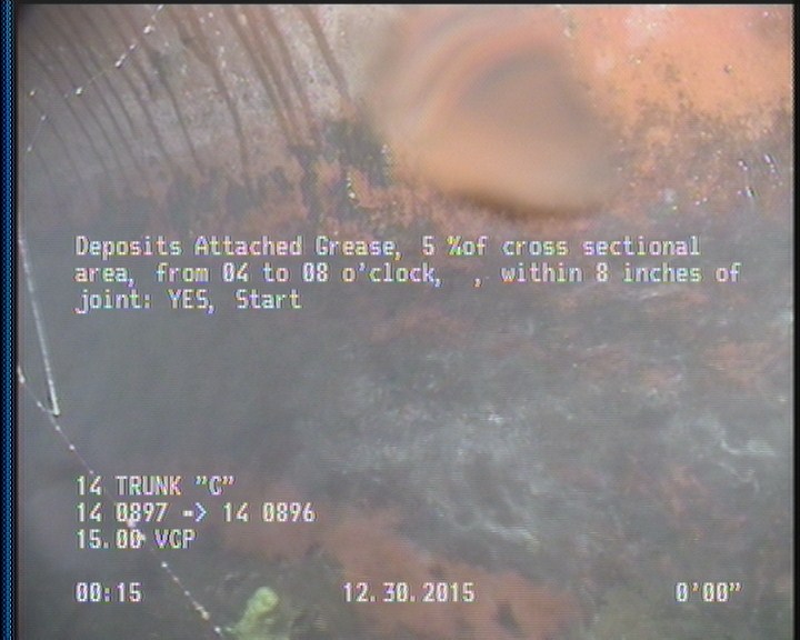 Deposits Attached Grease, 5 %of cross sectional area, from 04 to 08 o'clock, , within 8 inches of joint: YES, Start