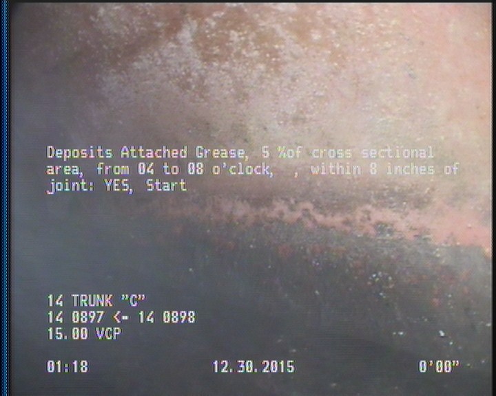 Deposits Attached Grease, 5 %of cross sectional area, from 04 to 08 o'clock, , within 8 inches of joint: YES, Start