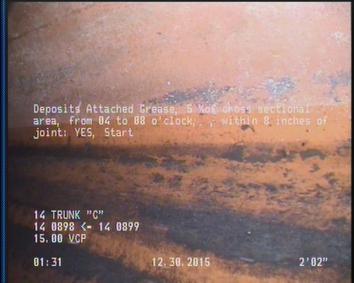 Deposits Attached Grease, 5 %of cross sectional area, from 04 to 08 o'clock, , within 8 inches of joint: YES, Start