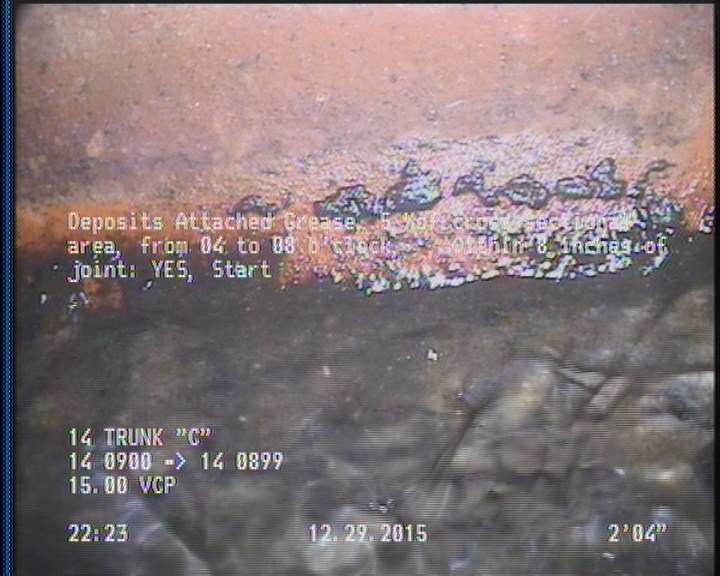 Deposits Attached Grease, 5 %of cross sectional area, from 04 to 08 o'clock, , within 8 inches of joint: YES, Start