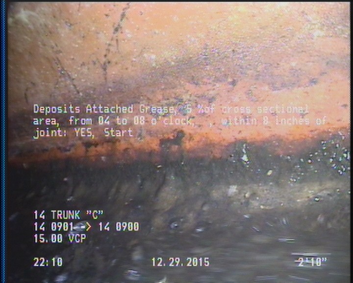 Deposits Attached Grease, 5 %of cross sectional area, from 04 to 08 o'clock, , within 8 inches of joint: YES, Start