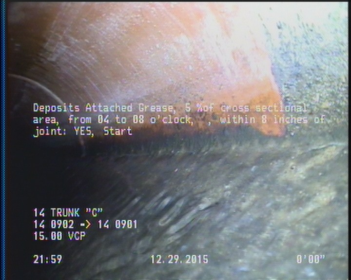 Deposits Attached Grease, 5 %of cross sectional area, from 04 to 08 o'clock, , within 8 inches of joint: YES, Start