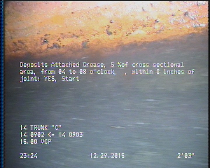 Deposits Attached Grease, 5 %of cross sectional area, from 04 to 08 o'clock, , within 8 inches of joint: YES, Start