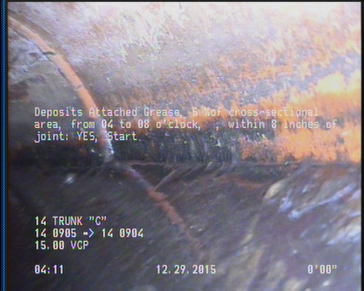 Deposits Attached Grease, 5 %of cross sectional area, from 04 to 08 o'clock, , within 8 inches of joint: YES, Start