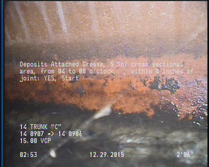 Deposits Attached Grease, 5 %of cross sectional area, from 04 to 08 o'clock, , within 8 inches of joint: YES, Start