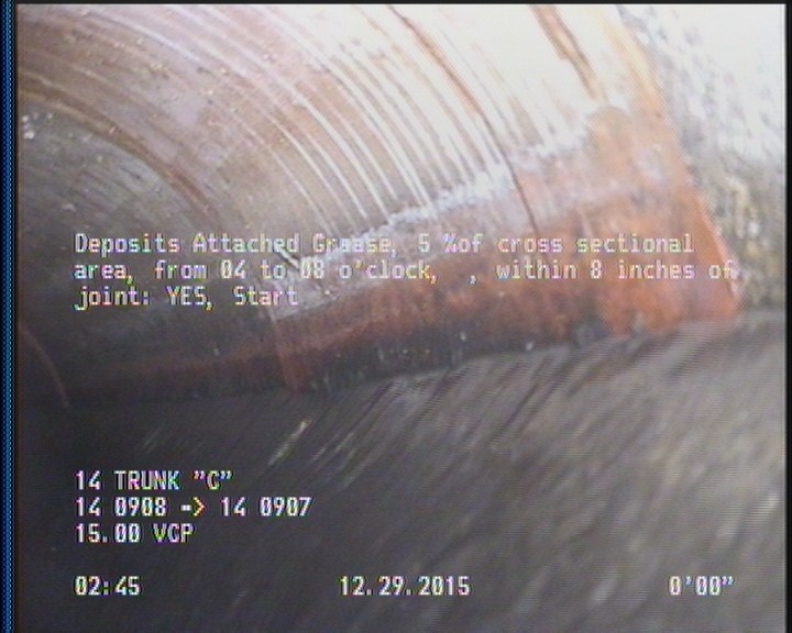 Deposits Attached Grease, 5 %of cross sectional area, from 04 to 08 o'clock, , within 8 inches of joint: YES, Start