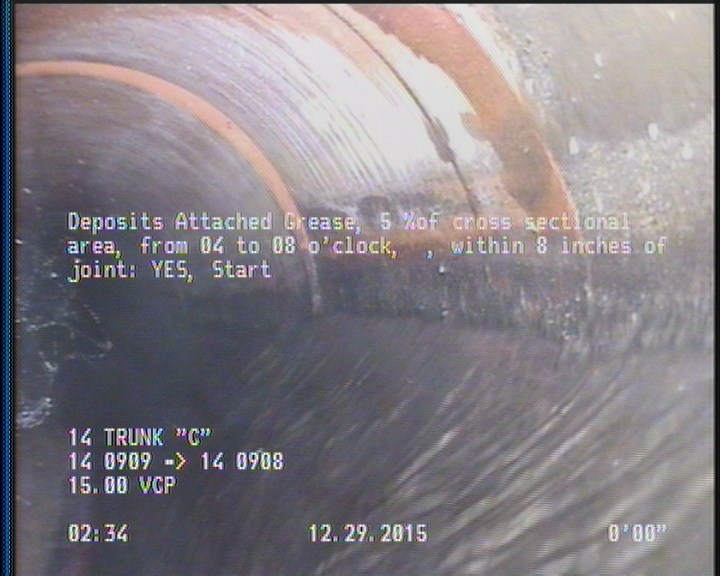 Deposits Attached Grease, 5 %of cross sectional area, from 04 to 08 o'clock, , within 8 inches of joint: YES, Start