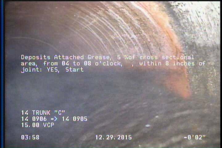 Deposits Attached Grease, 5 %of cross sectional area, from 04 to 08 o'clock, , within 8 inches of joint: YES, Start