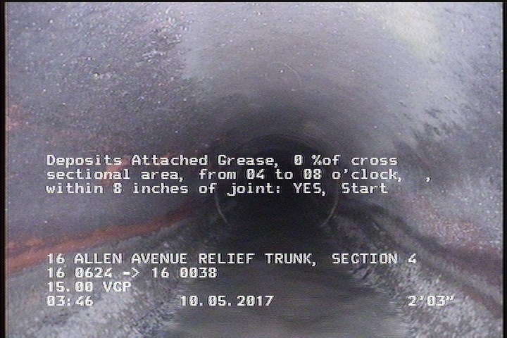 Deposits Attached Grease, 5 %of cross sectional area, from 04 to 08 o'clock, , within 8 inches of joint: YES, Start