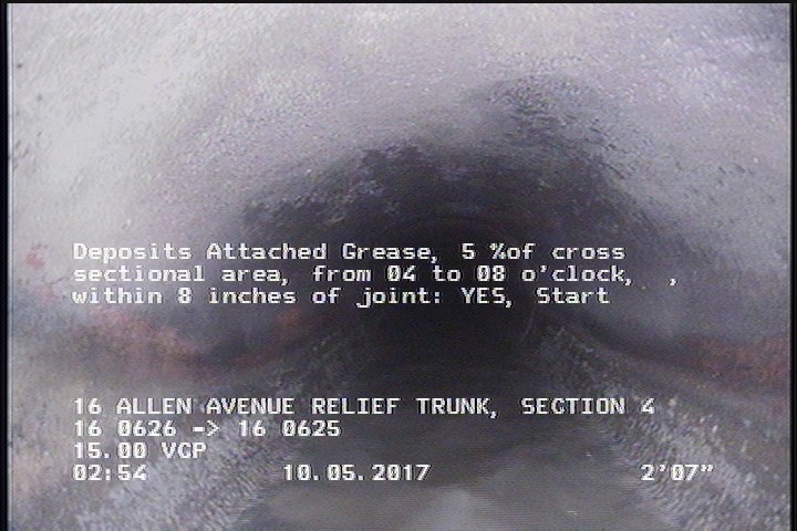 Deposits Attached Grease, 5 %of cross sectional area, from 04 to 08 o'clock, , within 8 inches of joint: YES, Start