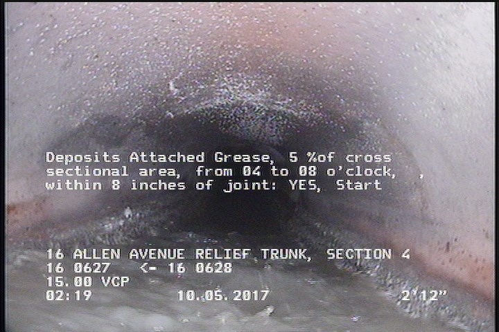 Deposits Attached Grease, 5 %of cross sectional area, from 04 to 08 o'clock, , within 8 inches of joint: YES, Start