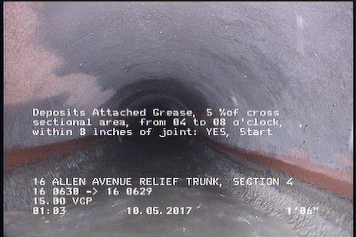 Deposits Attached Grease, 5 %of cross sectional area, from 04 to 08 o'clock, , within 8 inches of joint: YES, Start