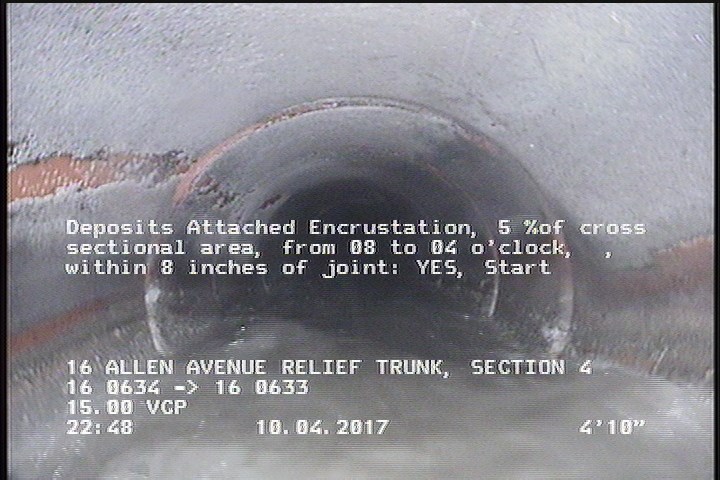 Deposits Attached Encrustation, 5 %of cross sectional area, from 08 to 04 o'clock, , within 8 inches of joint: YES, Start