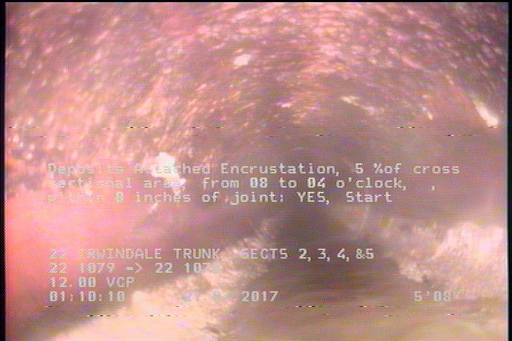 Deposits Attached Encrustation, 5 %of cross sectional area, from 08 to 04 o'clock, , within 8 inches of joint: YES, Start