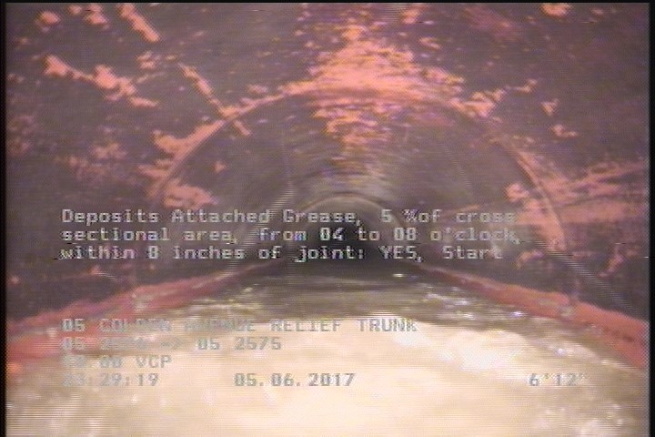 Deposits Attached Grease, 5 %of cross sectional area, from 04 to 08 o'clock, , within 8 inches of joint: YES, Start