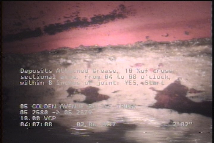 Deposits Attached Grease, 10 %of cross sectional area, from 04 to 08 o'clock, , within 8 inches of joint: YES, Start
