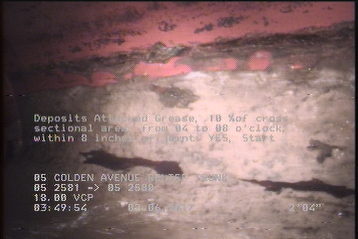 Deposits Attached Grease, 10 %of cross sectional area, from 04 to 08 o'clock, , within 8 inches of joint: YES, Start