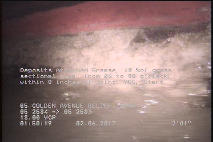Deposits Attached Grease, 10 %of cross sectional area, from 04 to 08 o'clock, , within 8 inches of joint: YES, Start