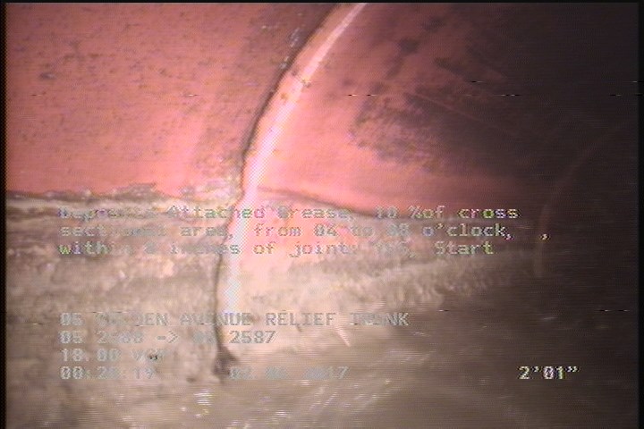 Deposits Attached Grease, 10 %of cross sectional area, from 04 to 08 o'clock, , within 8 inches of joint: YES, Start