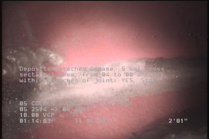 Deposits Attached Grease, 5 %of cross sectional area, from 04 to 08 o'clock, , within 8 inches of joint: YES, Start