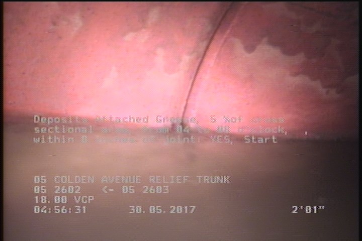 Deposits Attached Grease, 5 %of cross sectional area, from 04 to 08 o'clock, , within 8 inches of joint: YES, Start