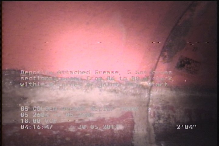 Deposits Attached Grease, 5 %of cross sectional area, from 04 to 08 o'clock, , within 8 inches of joint: YES, Start