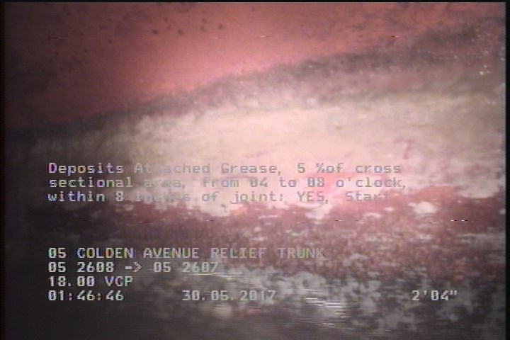 Deposits Attached Grease, 5 %of cross sectional area, from 04 to 08 o'clock, , within 8 inches of joint: YES, Start