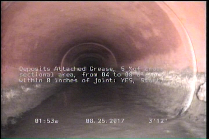 Deposits Attached Grease, 5 %of cross sectional area, from 04 to 08 o'clock, , within 8 inches of joint: YES, Start