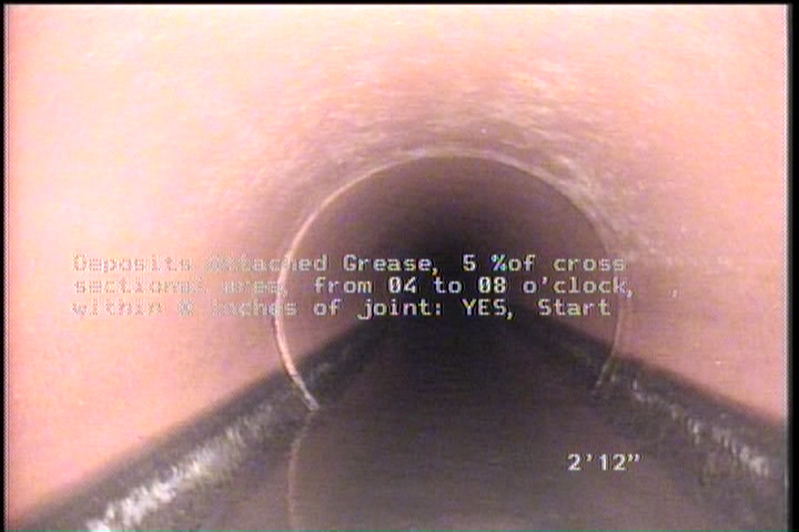 Deposits Attached Grease, 5 %of cross sectional area, from 04 to 08 o'clock, , within 8 inches of joint: YES, Start