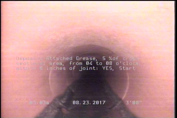 Deposits Attached Grease, 5 %of cross sectional area, from 04 to 08 o'clock, , within 8 inches of joint: YES, Start