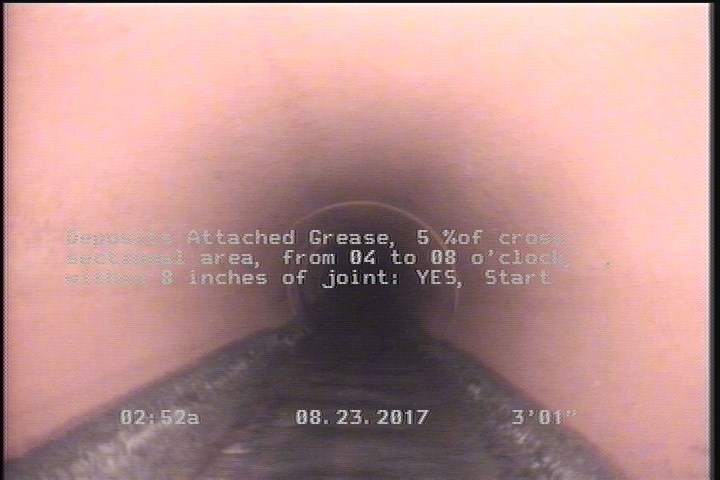 Deposits Attached Grease, 5 %of cross sectional area, from 04 to 08 o'clock, , within 8 inches of joint: YES, Start