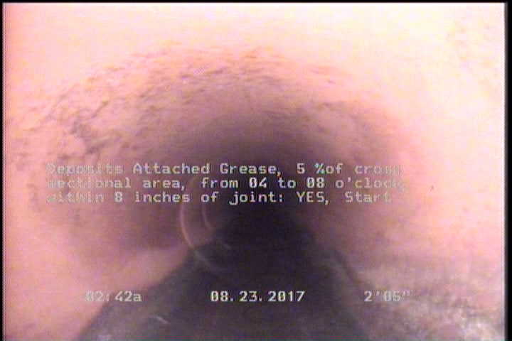 Deposits Attached Grease, 5 %of cross sectional area, from 04 to 08 o'clock, , within 8 inches of joint: YES, Start