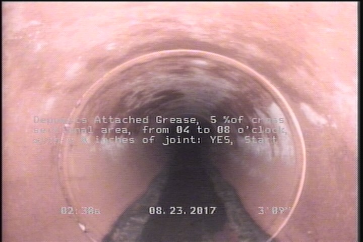 Deposits Attached Grease, 5 %of cross sectional area, from 04 to 08 o'clock, , within 8 inches of joint: YES, Start