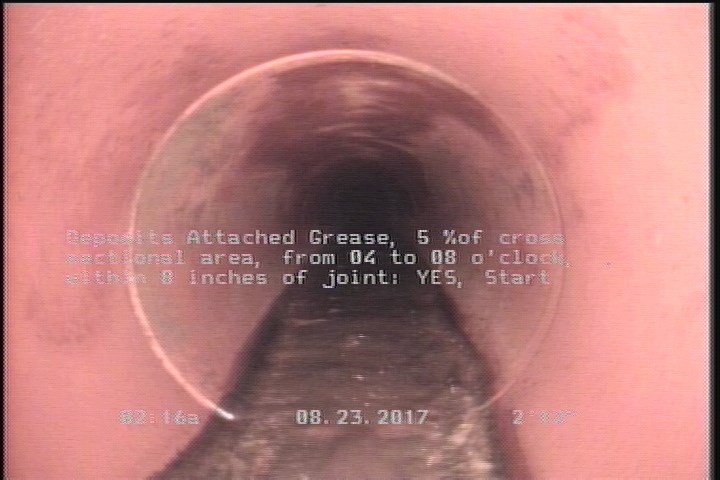 Deposits Attached Grease, 5 %of cross sectional area, from 04 to 08 o'clock, , within 8 inches of joint: YES, Start