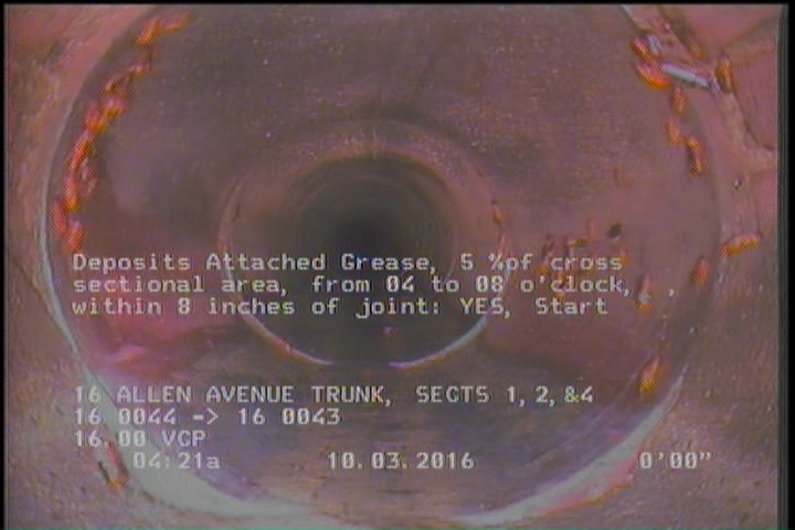 Deposits Attached Grease, 5 %of cross sectional area, from 04 to 08 o'clock, , within 8 inches of joint: YES, Start