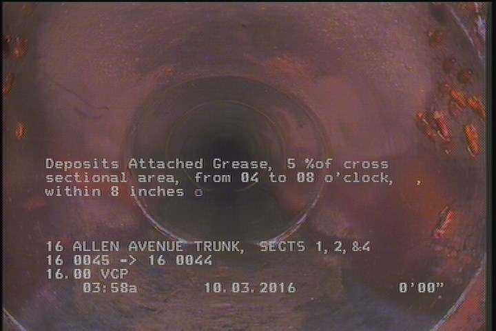 Deposits Attached Grease, 5 %of cross sectional area, from 04 to 08 o'clock, , within 8 inches of joint: YES, Start