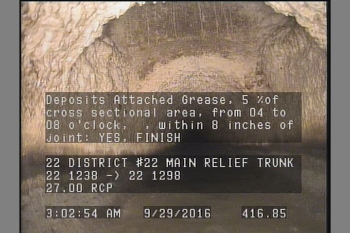 Deposits Attached Grease, 5 %of cross sectional area, from 04 to 08 o'clock, , within 8 inches of joint: YES - FINISH