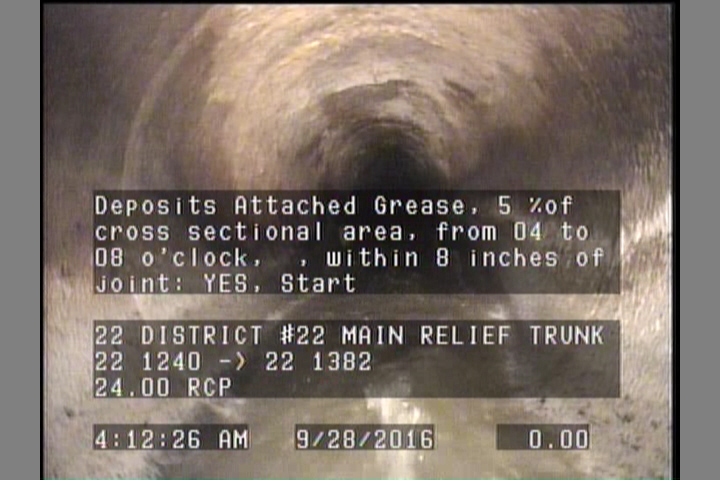 Deposits Attached Grease, 5 %of cross sectional area, from 04 to 08 o'clock, , within 8 inches of joint: YES, Start