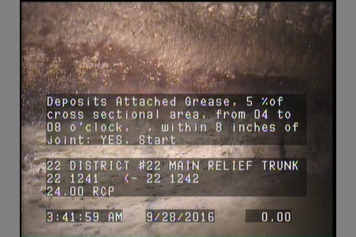 Deposits Attached Grease, 5 %of cross sectional area, from 04 to 08 o'clock, , within 8 inches of joint: YES, Start