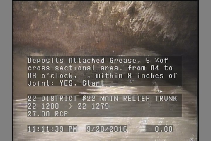 Deposits Attached Grease, 5 %of cross sectional area, from 04 to 08 o'clock, , within 8 inches of joint: YES, Start