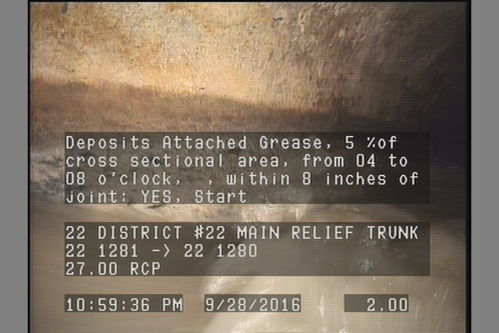 Deposits Attached Grease, 5 %of cross sectional area, from 04 to 08 o'clock, , within 8 inches of joint: YES, Start
