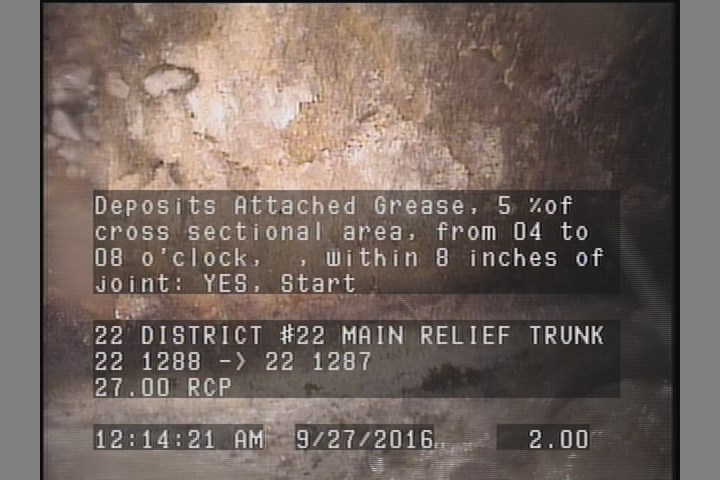 Deposits Attached Grease, 5 %of cross sectional area, from 04 to 08 o'clock, , within 8 inches of joint: YES, Start