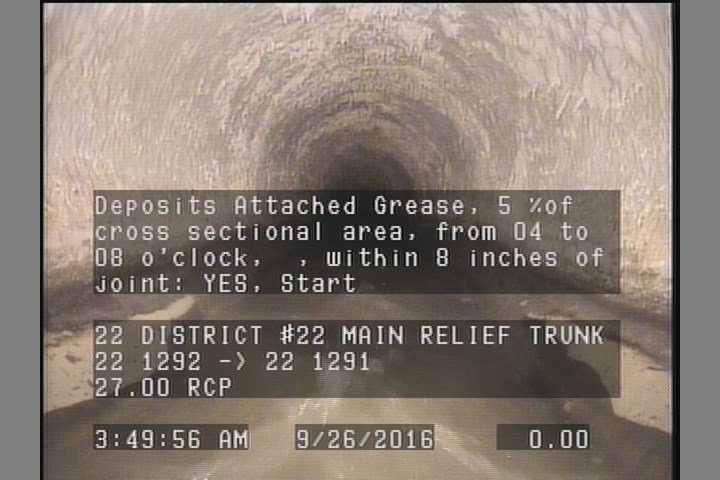 Deposits Attached Grease, 5 %of cross sectional area, from 04 to 08 o'clock, , within 8 inches of joint: YES, Start