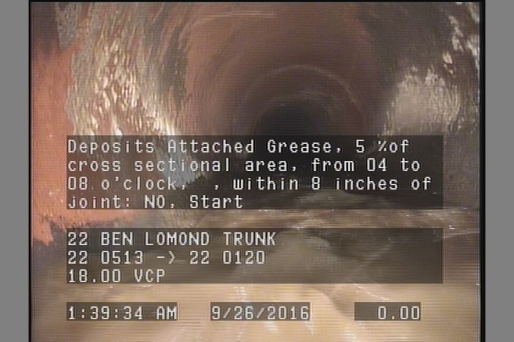 Deposits Attached Grease, 5 %of cross sectional area, from 04 to 08 o'clock, , within 8 inches of joint: NO, Start