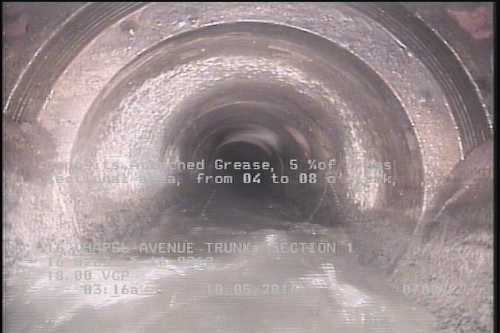 Deposits Attached Grease, 5 %of cross sectional area, from 04 to 08 o'clock, , within 8 inches of joint: YES, Start