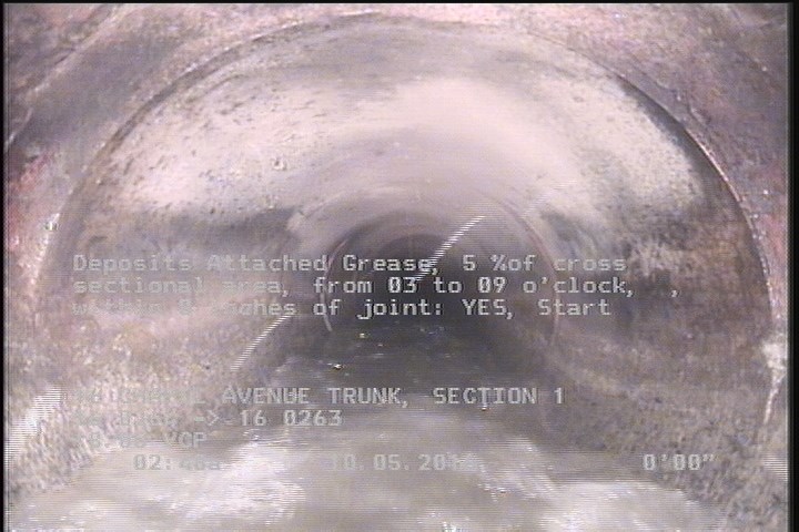 Deposits Attached Grease, 5 %of cross sectional area, from 03 to 09 o'clock, , within 8 inches of joint: YES, Start